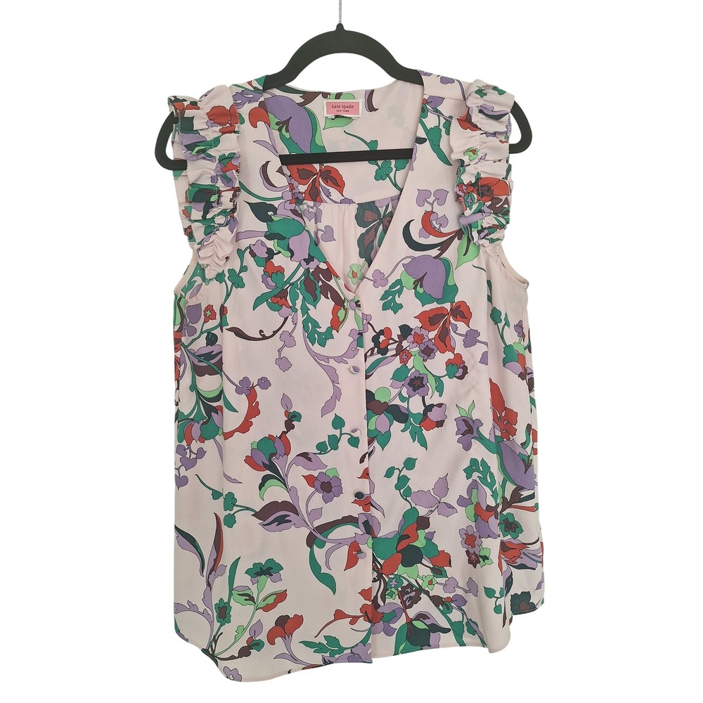 Kate Spade New York Pink Floral Ruffle Sleeve V-Neck Button Down Blouse Medium
